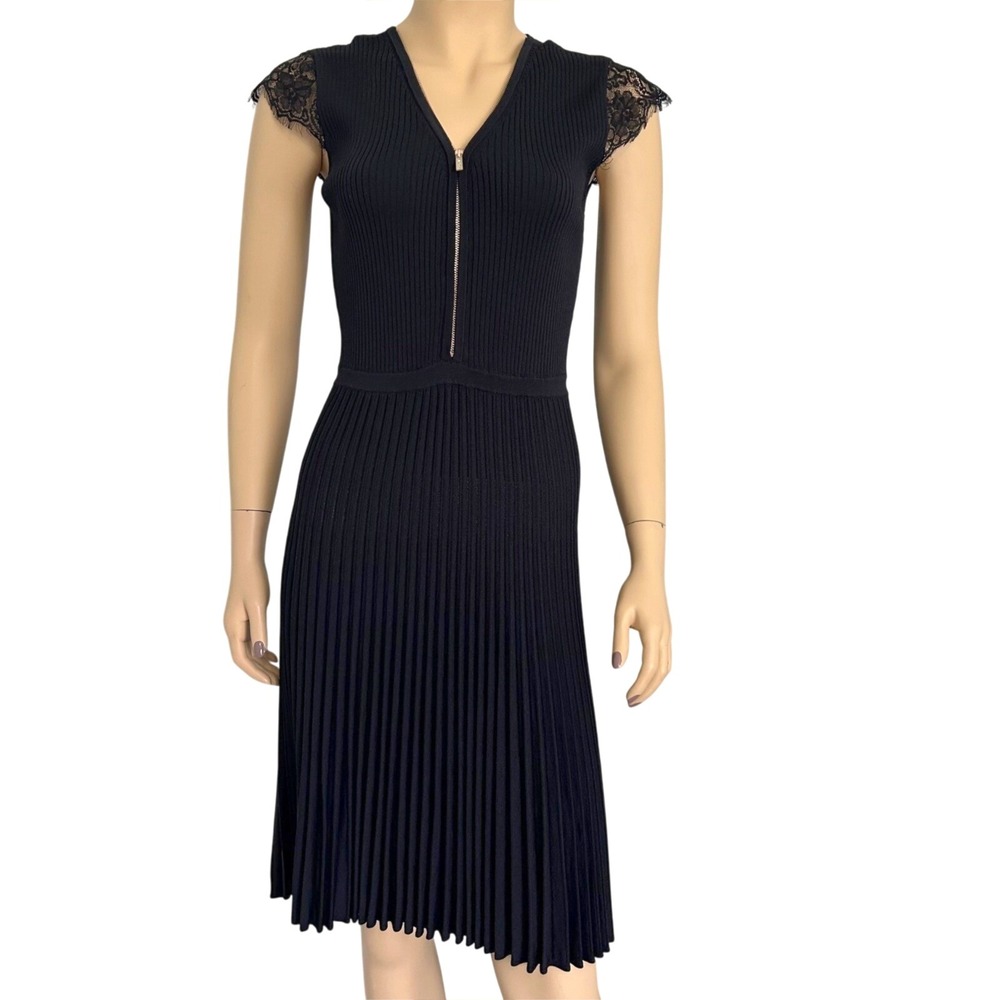 Morgan De Toi Ribbed Knit Lace Sleeve Zip‎ Front Pleated Skirt Black Dress Med